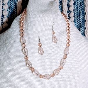 Blush Pink Clear Glass Beaded Necklace Earring Set Faceted Teardrop Handcrafted